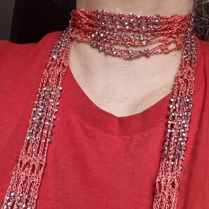 Multi-fuctional Boho Orange Floss Yarn&Silver Beaded Belt/Necklace/Scarf 65"